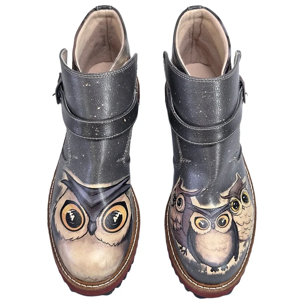 Go Shoes Celestial Owl Graphic Ankle‎ Boots Womens US 6 EU 37 Gray Buckle